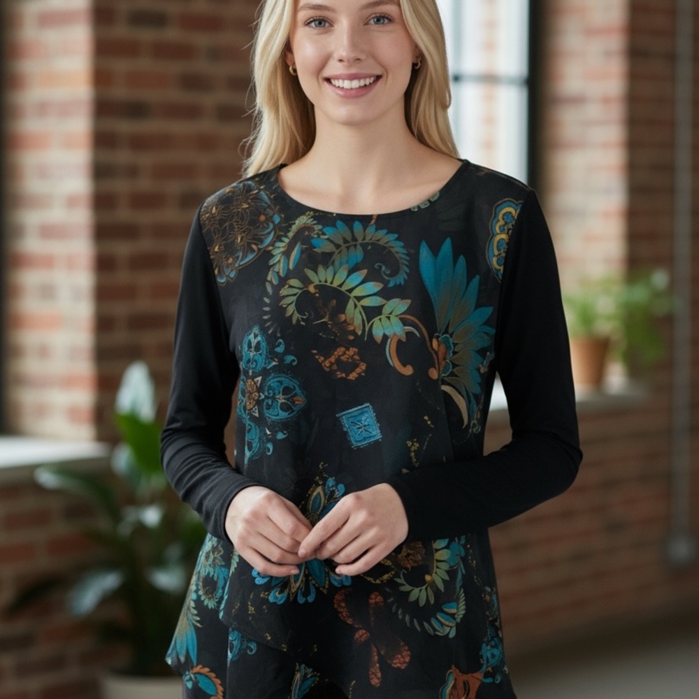 Chico's Womens 3 Tunic top USA size XL Black with Floral Flowing Long Sleeve